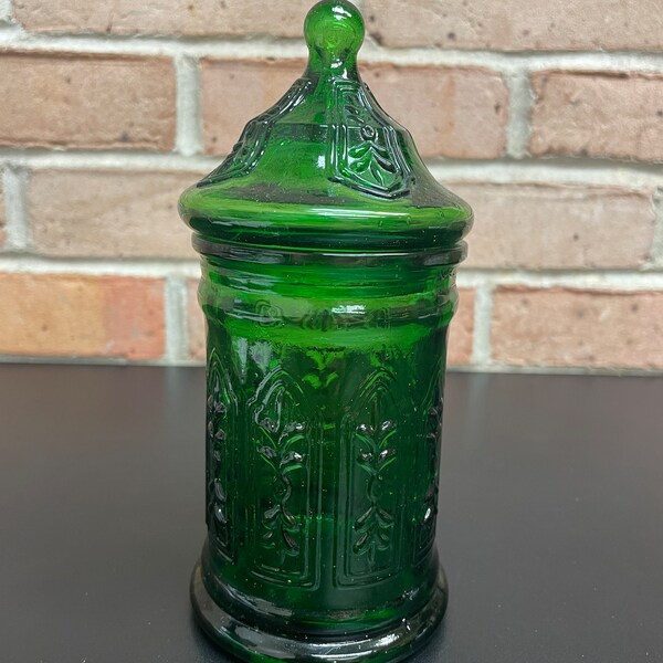 Vintage Emerald Green Italian Glass Apothecary Jar with Lid Ornate all around Decorative Design Vintage 70's Art Glass