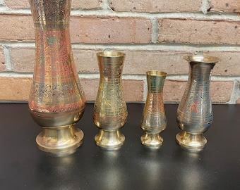 Set of 4 Vintage Brass Vases Etched with Color in Leaf and Floral Patterns Made in India Different Heights and Shapes Boho Eclectic Decor