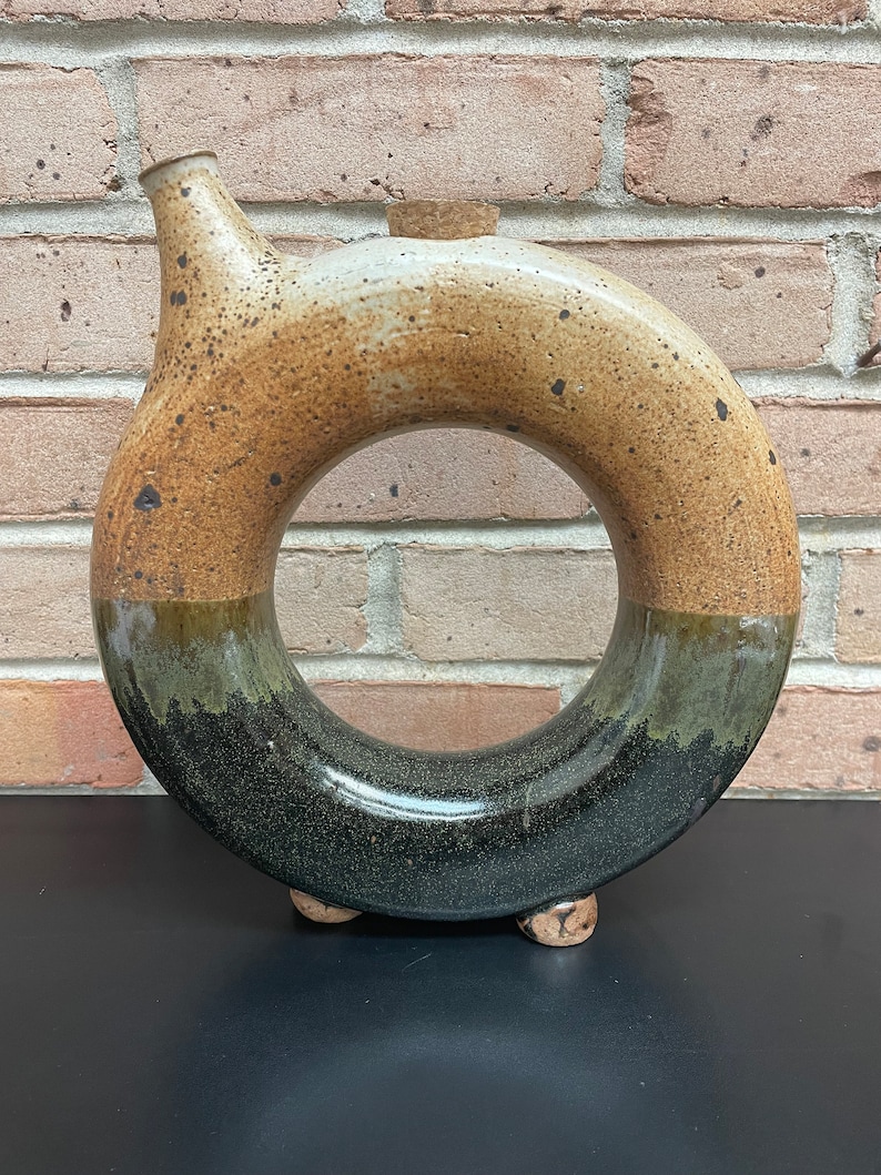 Vintage Pottery Ceramic Wine Decanter Donut Water or Wine Pitcher With