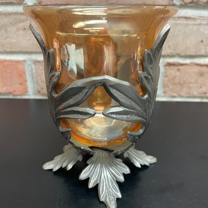 Vintage Iridescent Peach Lustre Glass and Metal Candle Holder Dish Made in India Pewter/Silver Brass Leaf Like Metal Holder with Glass Globe