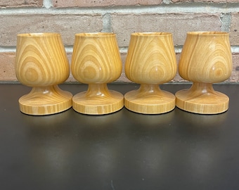 Vintage Wooden Snifter Goblet Glasses Set of 4 Made in a French Speaking Country 3 Ounce Size Unusual Bar Ware Set of Wooden Chalice Glasses