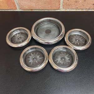 Vintage Coasters - Wine Bottle Coaster and Glass Coasters - Set of 4 Glass Coasters by Leonard Silversmiths and Wine or Champagne Coaster