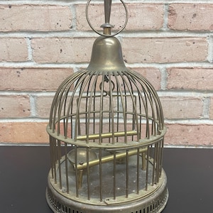 Vintage Brass Birdcage with Ring for Hanging or Great Shelf/Tabletop Decor Swinging Door, Food and Water Dishes, Swing and Perch Aged Patina