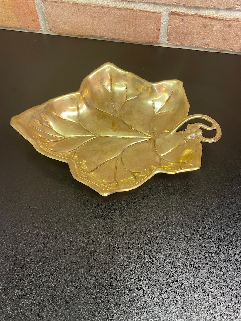Vintage Brass Leaf Tray With Curvy Stem Fall Decor Trinket Dish Vanity
