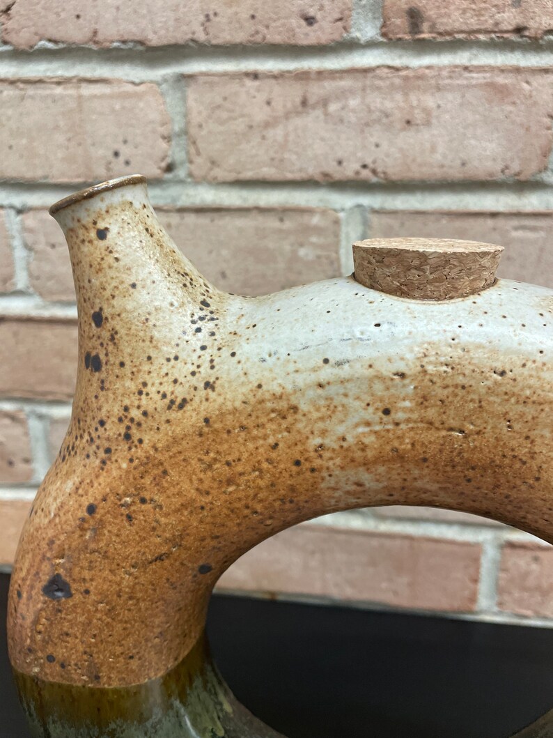 Vintage Pottery Ceramic Wine Decanter Donut Water or Wine Pitcher With