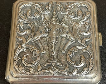 Vintage "Sterling Siam" Cigarette Case - Asian Thai Siam Art Cigarette Case with Elephants and Scroll Embellishment on Cover marked Sterling