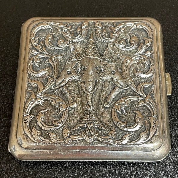 Vintage "Sterling Siam" Cigarette Case - Asian Thai Siam Art Cigarette Case with Elephants and Scroll Embellishment on Cover marked Sterling