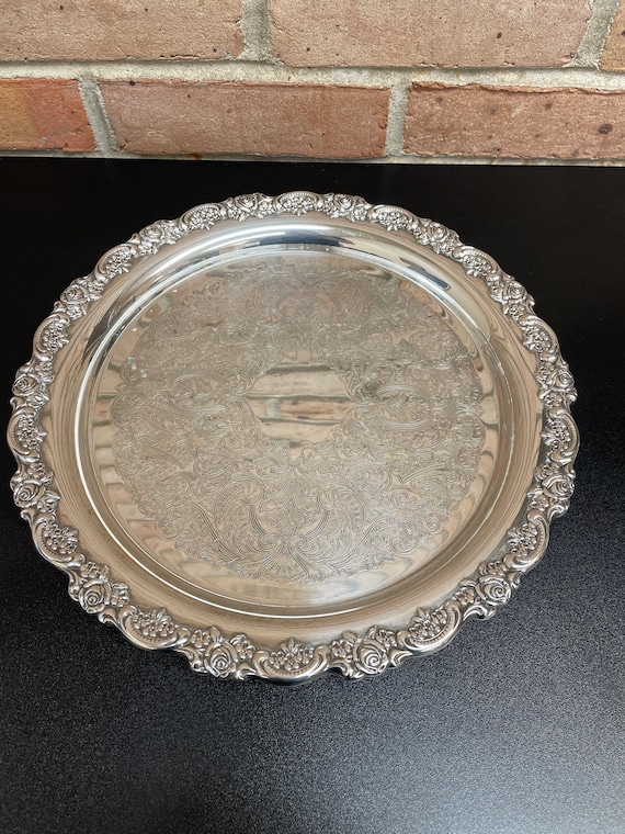 Vintage Oneida 12 1/2 Inch Round Serving Tray 3-D Roses and