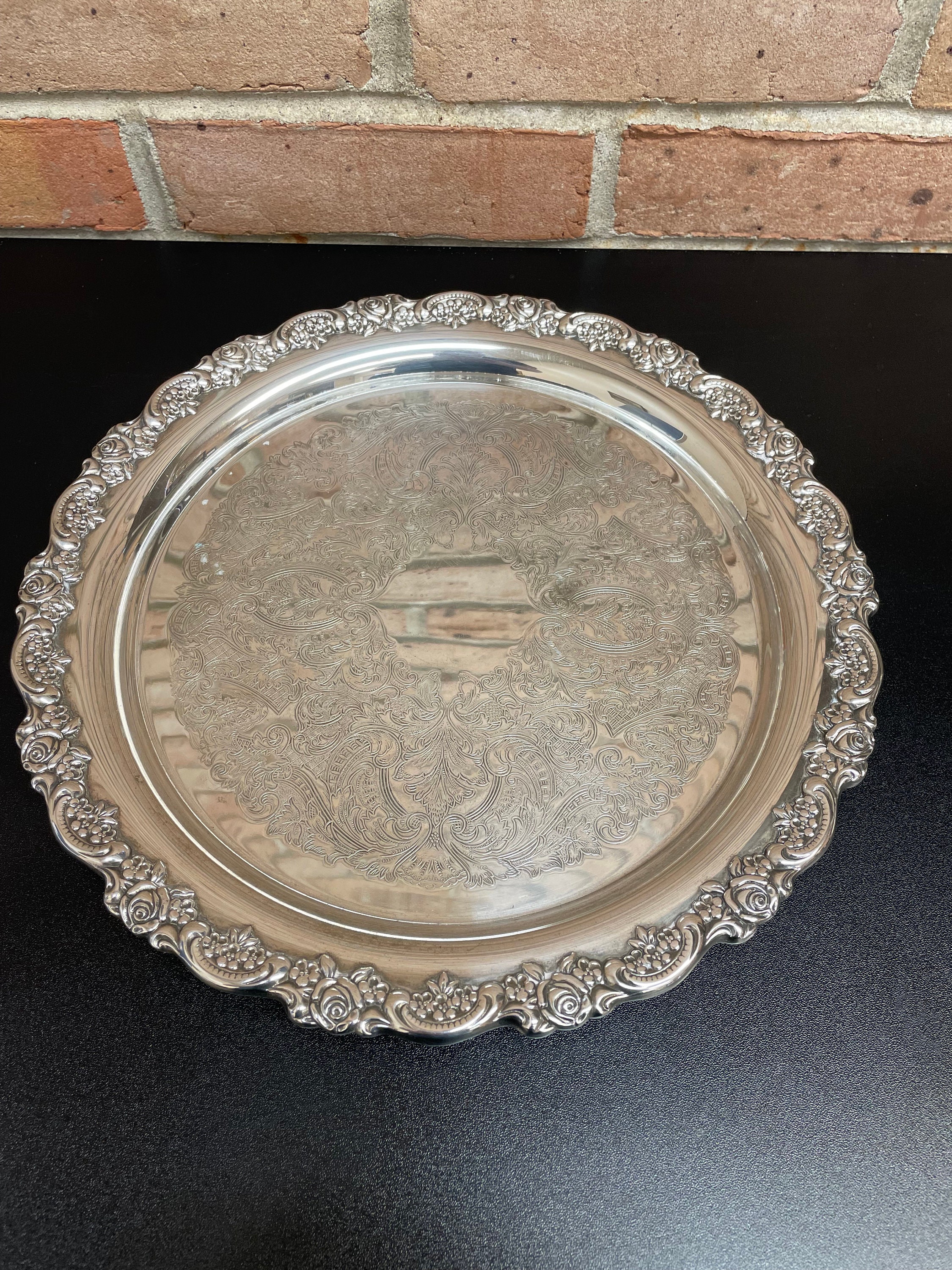 Vintage Oneida 12 1/2 Inch Round Serving Tray 3-D Roses and