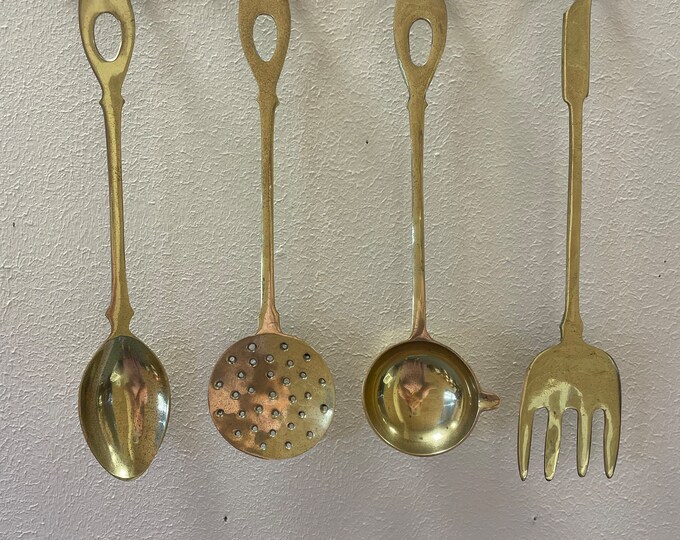 Vintage French Brass Kitchen Utensils With Hanging Bar 5 Piece Set