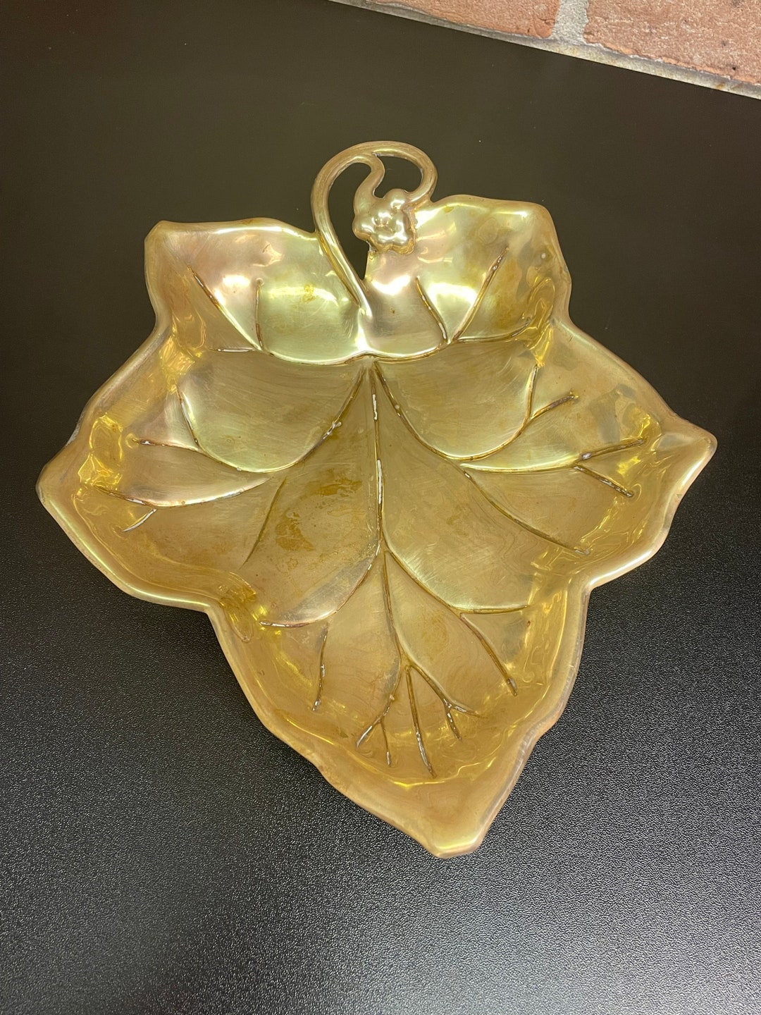 Vintage Brass Leaf Tray With Curvy Stem Fall Decor Trinket Dish Vanity