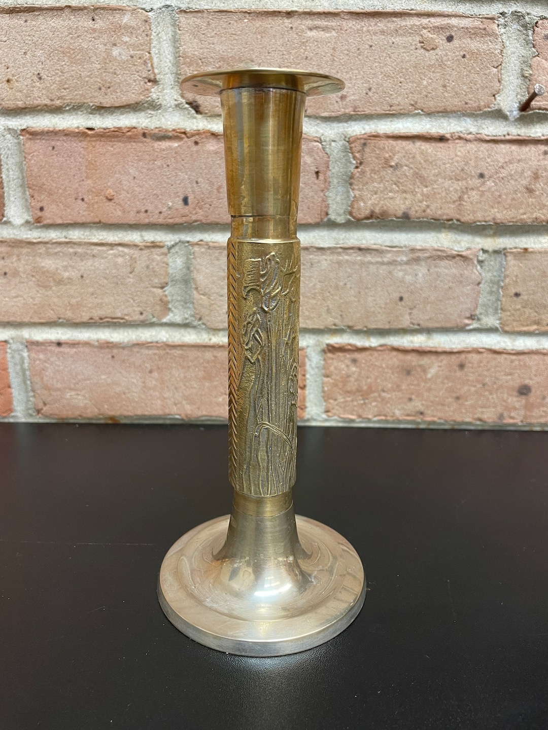 Vintage Brass Taper Candlestick Holder Flowers Etched on Stem Flat Top