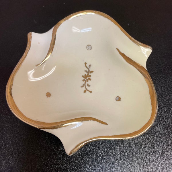 Vintage Ceramic Ash Tray or Trinket Dish Ivory with Gold Trim Unique Shape and Floral Embellishment Mid Century Smoking Decor