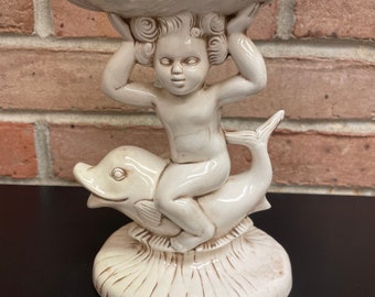 Vintage 70's Ceramic Soap Dish Child / Cherub Riding Dolphin Holland Mold Coastal Decor Bathroom Decor