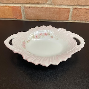 Vintage Porcelain Ceramic Decorative Bowl with Handles Hand Painted Signed by the Artist Soft Pink Floral Trinket Dish Gallery Wall Decor