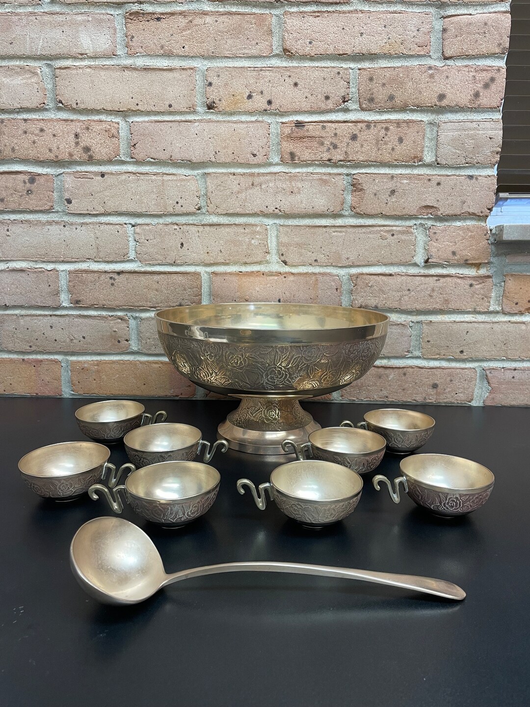 Rare Find Vintage Brass Punch Bowl Set With 8 Cups and a Ladle Rose