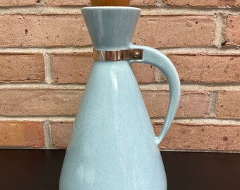 Mid Century Modern Pottery Pitcher with a Cork Speckled Turquoise Blue with Brass Trim Large Vintage Jug MCM Kitschy Barware or Kitchenware