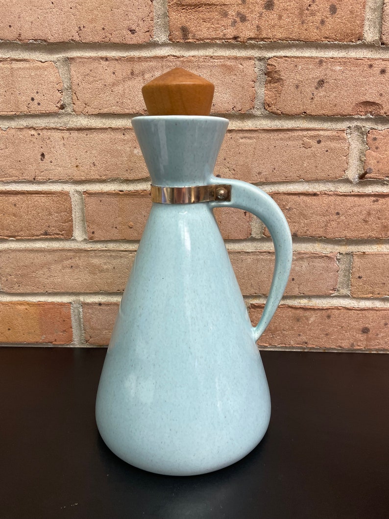 Mid Century Modern Pottery Pitcher With a Cork Speckled Turquoise Blue