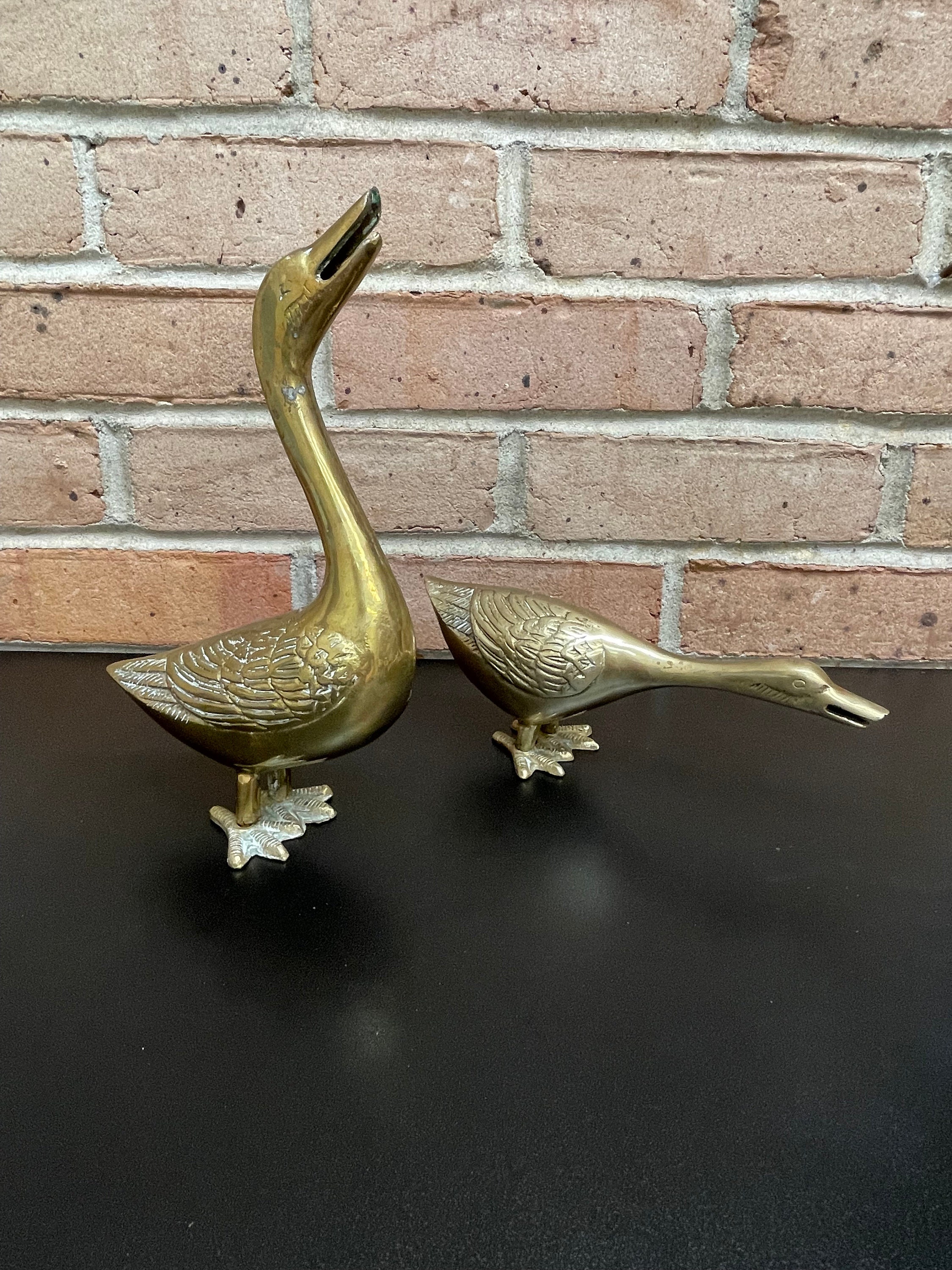 Vintage 2 Solid Brass Geese Pair Duck Figurines MCM Brass Goose