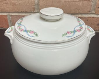 Vintage Hall's Wildflower Covered Casserole Dish Bowl with Handles Stamp on the Bottom - Pink Roses, Blue Ribbon and Green Leaves in Design