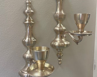 Vintage Set of 2 Solid Brass Wall Sconces Ornate Votive or Taper Candlestick Holders Candle Wall Sconce Brass Wall Decor