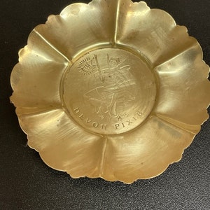 Könnte beinhalten: Eine goldfarbene Metallschale mit einem gewellten Rand. Die Schale zeigt ein eingraviertes Bild einer Fee, die eine Flagge hält, mit den Worten "Devon Pixie" darunter.