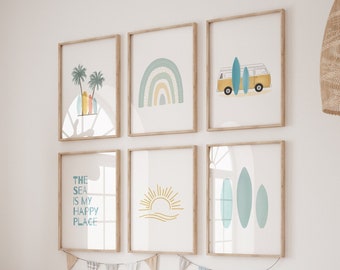 Surfboard Wall Art, Surf Nursery, Surf Nursery Decor, Ocean Theme Nursery, Surf Poster, Surfboard Print, Toddler Boy Nursery, Set of 6