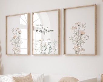 Wildflower Print Set, Baby Girl Wildflower Nursery, She Is A Wildflower, Floral Nursery Print, Boho Floral Nursery Decor, Baby Girl Nursery