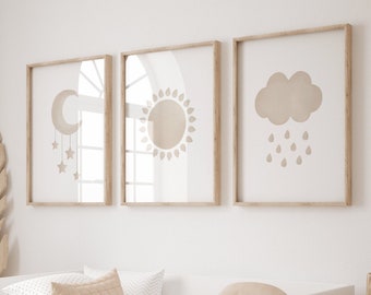 Moon Sun Cloud Nursery Wall Art, Set of 3 Watercolor Prints, Neutral Nursery Decor, Kids Room Decor, Playroom Prints, Toddler Boy Nursery