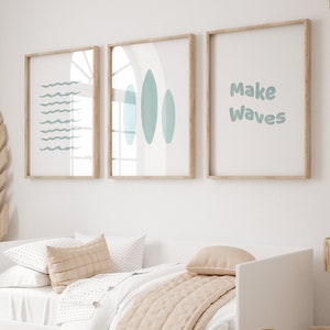 Arte de la pared de la tabla de surf, arte de la pared del surf, vivero de surf, cartel de surf, vivero temático del océano, decoración del vivero del océano, vivero del niño pequeño, conjunto de 3 impresiones