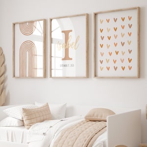 Signo de nombre del recién nacido, signo de cuna, impresión de nacimiento personalizada, signo de nombre del bebé, guardería de nombre personalizado, nombre de carta personalizada, arco iris moderno Boho de mediados de siglo