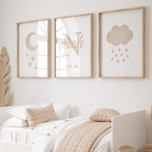 Cloud Moon Stars Boho Nursery Prints, Signo de cuna, Signo de nombre de recién nacido, Nombre de carta personalizado, Impresión de nacimiento personalizada, Signo de nombre de bebé, Decoración de niño Boho