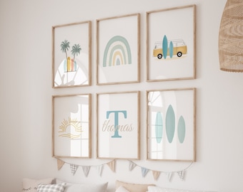 Surfboard Wall Art, Surf Nursery Decor, Surf Poster, Baby Name Sign, Nursery Name Sign, Custom Letter Name, Ocean Theme Nursery, Set of 6
