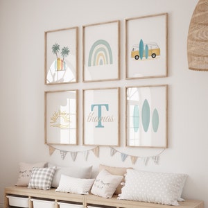 Surfbrett-Wandkunst, Surf-Kinderzimmerdekoration, Surf-Poster, Baby-Namensschild, Kinderzimmer-Namensschild, individueller Buchstabenname, Ozean-Thema-Kinderzimmer, 6er-Set