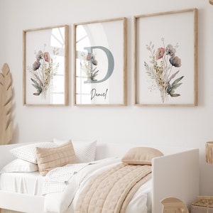 Conjunto de impresión de flores silvestres personalizado, letras de nombre floral, signo de nombre de bebé, signo de nombre de recién nacido, signo de cuna, nombre de letra personalizado, signo de nombre de guardería