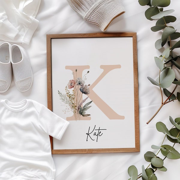 Baby Name Sign, Newborn Name Sign, Crib Sign, Custom Wildflower Print, Floral Name Letters, Custom Letter Name, Nursery Name Sign