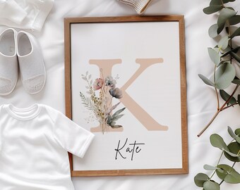 Baby Name Sign, Newborn Name Sign, Crib Sign, Custom Wildflower Print, Floral Name Letters, Custom Letter Name, Nursery Name Sign