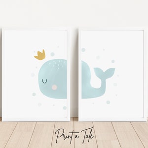 Whale Art, Whale Print Set of 2, Ocean Nursery Decor, Ocean Theme Nursery, Kids Room Decor, Boy Room Decor