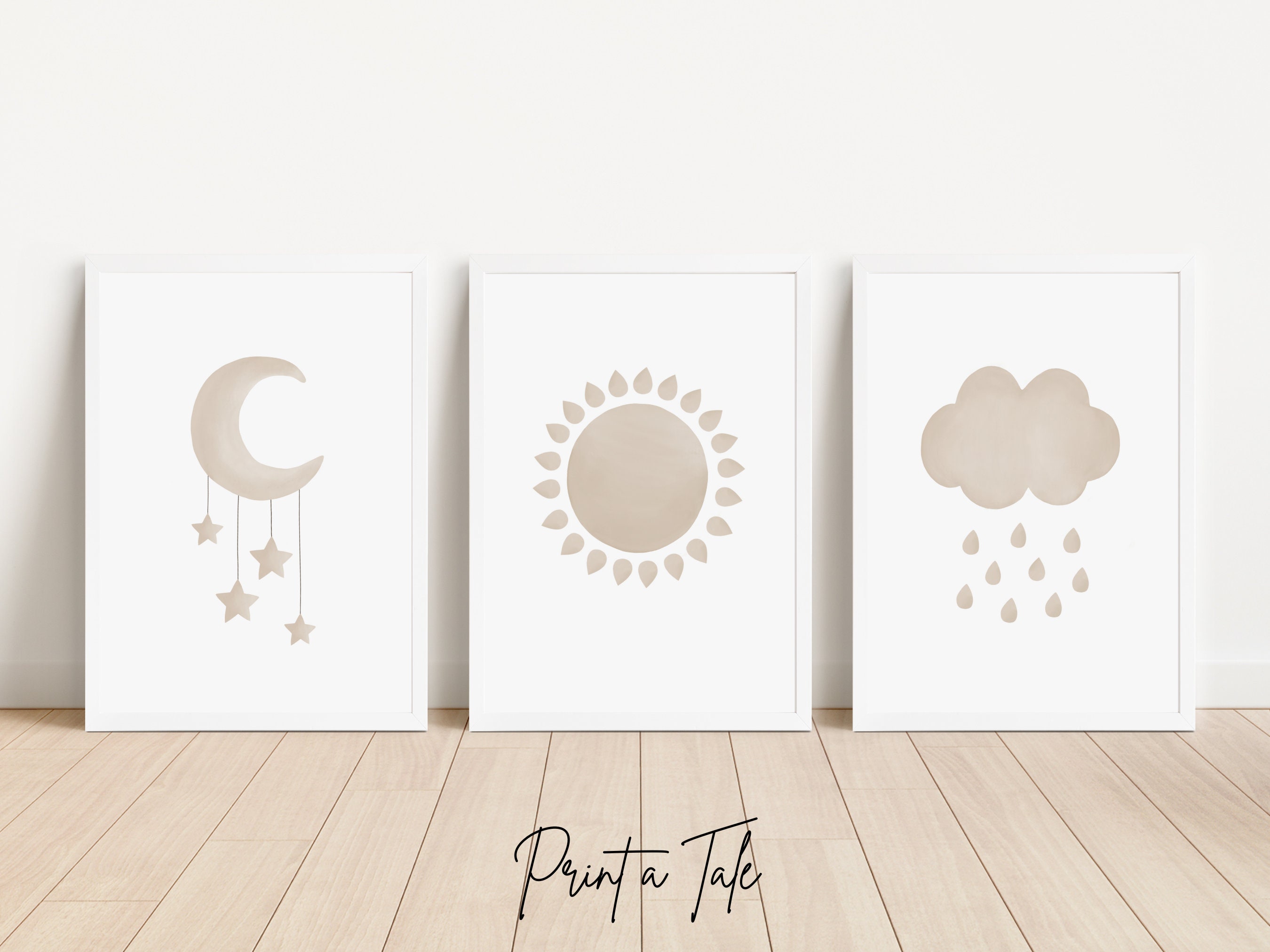 Moon Sun Cloud Nursery Wall Art, Set of 3 Watercolor Prints, Neutral ...