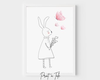 Bunny Print with Pink Watercolor Butterflies, Bunny Art, Butterfly Watercolor, Rabbit Nursery Print,  Butterfly Nursery