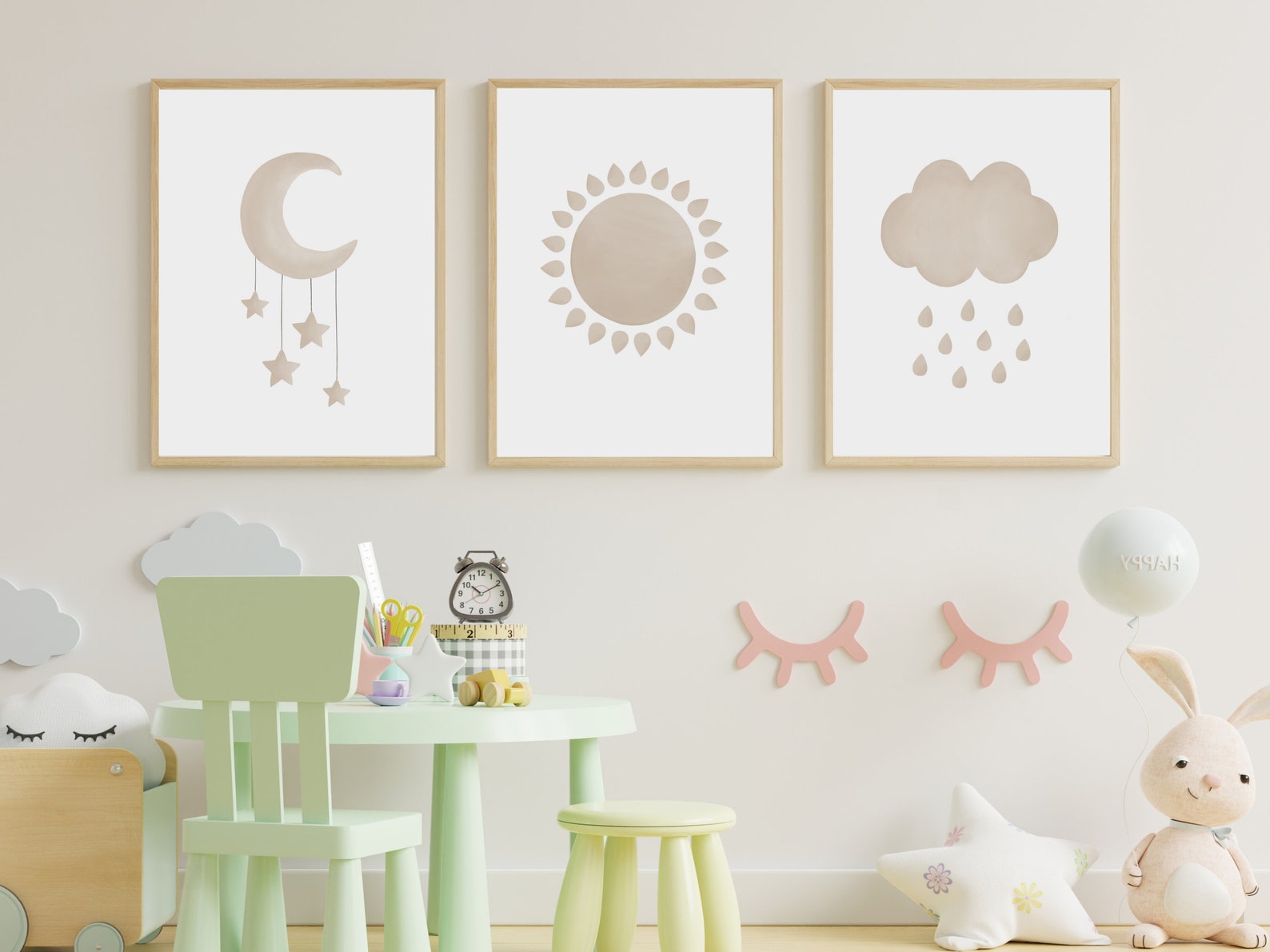 Moon Sun Cloud Nursery Wall Art, Set of 3 Watercolor Prints, Neutral ...