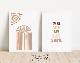 Abstract Boho Rainbow Nursery Wall Art, You Are My Sunshine Print, Modern Boho Nursery Decor, Neutral Kids Wall Art, Set of 2 Prints