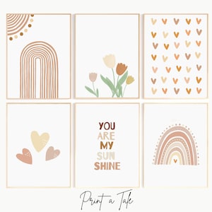 Set of 6 Boho Nursery Decor Wall Art Prints, Boho Rainbow Nursery Wall Art, You are my Sunshine, Tulips Print, Modern Boho Nursery Decor