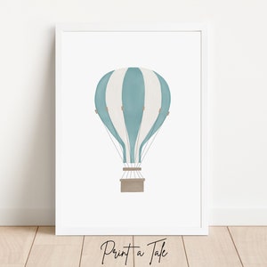 Blue Hot Air Balloon Print, Vintage Travel Wall Art, Travel Nursery Decor, Modern Boho Nursery Decor, Playroom Travel Poster, Boy Room Decor