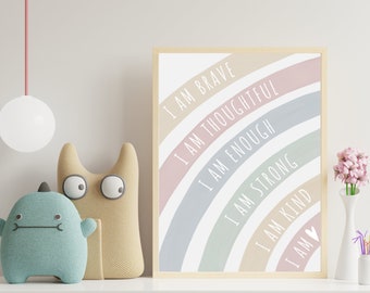 Affirmations for Kids, Rainbow Affirmations Print, Inspirational Nursery Decor, Positive Affirmation Poster, Neutral Decor, Playroom Poster