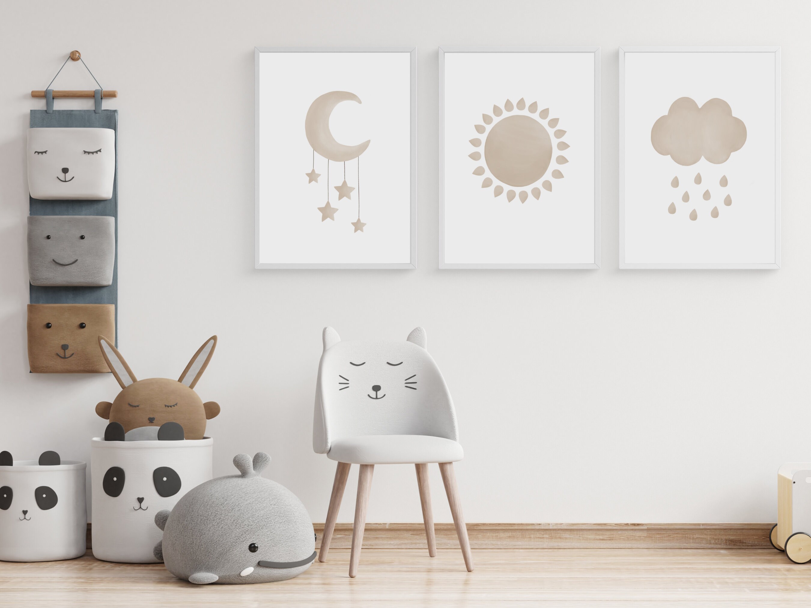 Moon Sun Cloud Nursery Wall Art, Set of 3 Watercolor Prints, Neutral ...