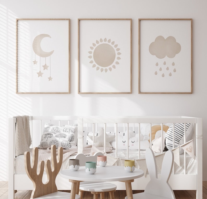 Moon Sun Cloud Nursery Wall Art, Set of 3 Watercolor Prints, Neutral ...