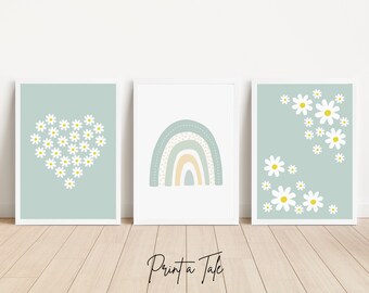 Estampados de margaritas blancas, arcoíris verde, conjunto de 2 estampados de margaritas, arte de pared de margaritas, arte de pared de vivero verde, carteles de sala de juegos verdes