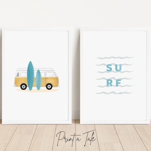 Surfboard Wall Art, Surf Nursery, Surf Nursery Decor, Ocean Theme Nursery, Surf Poster, Surfboard Print, Toddler Boy Nursery, Retro Van Art