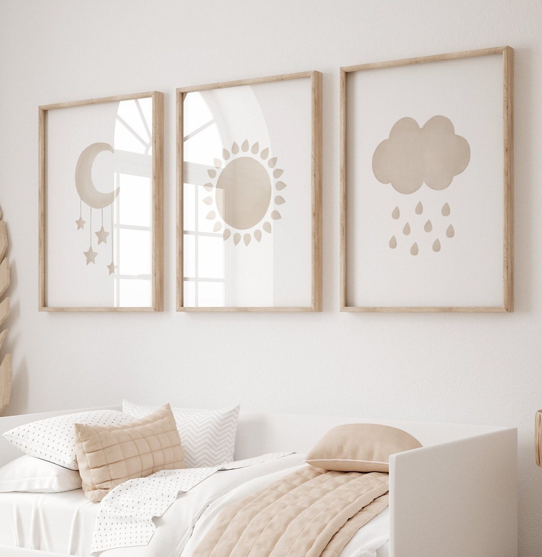 Moon Sun Cloud Nursery Wall Art, Set of 3 Watercolor Prints, Neutral ...